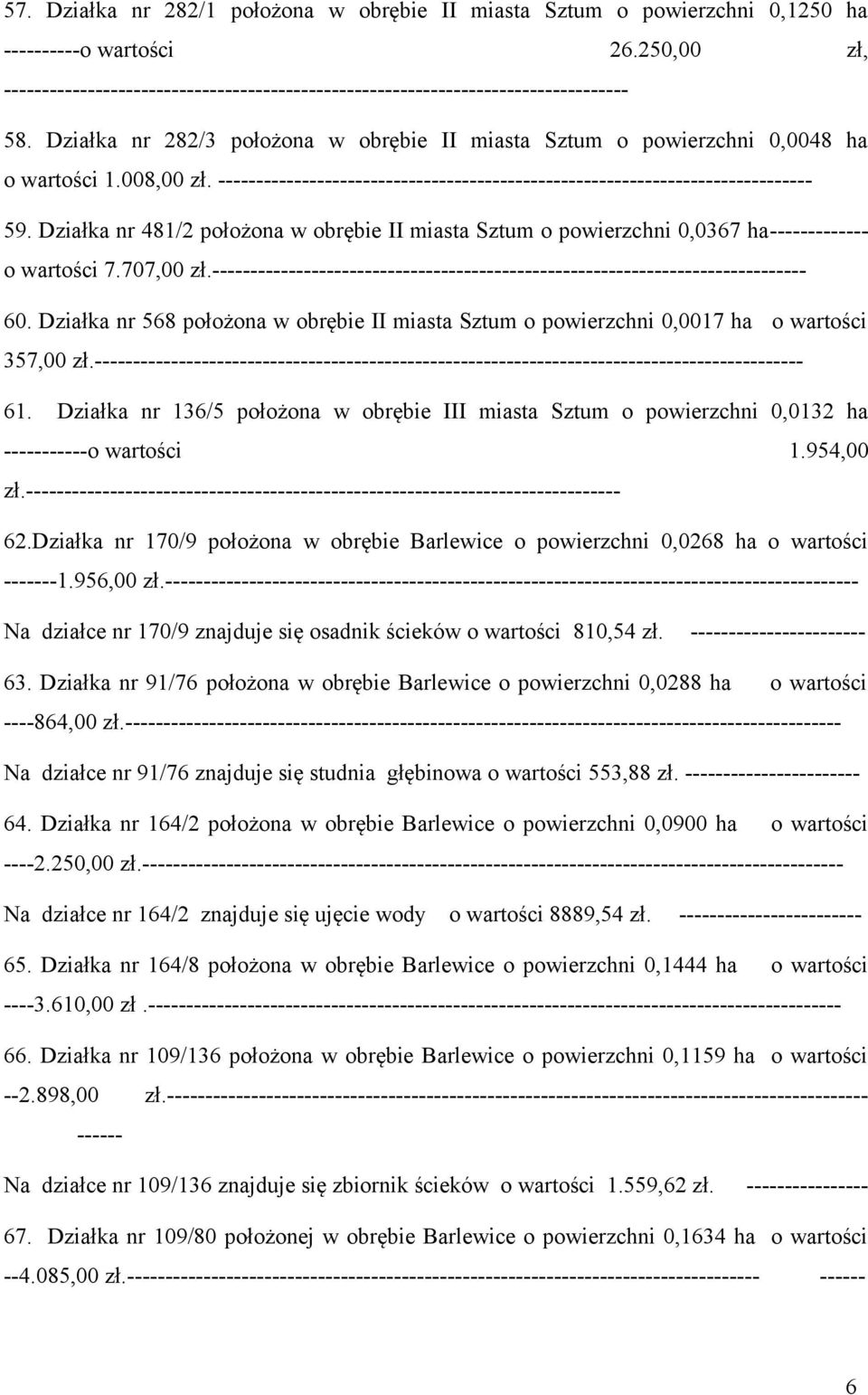 ------------------------------------------------------------------------------ 59. Działka nr 481/2 położona w obrębie II miasta Sztum o powierzchni 0,0367 ha------------- o wartości 7.707,00 zł.