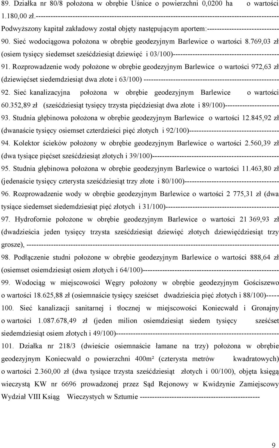 Sieć wodociągowa położona w obrębie geodezyjnym Barlewice o wartości 8.769,03 zł (osiem tysięcy siedemset sześćdziesiąt dziewięć i 03/100)------------------------------------------- 91.