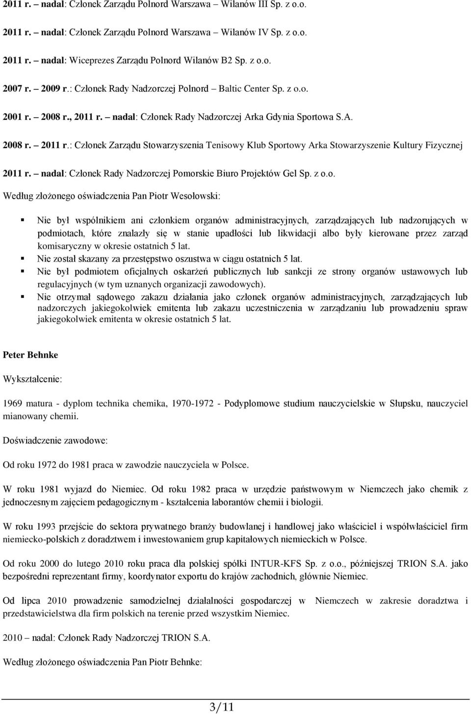 nadal: Członek Rady Nadzorczej Arka Gdynia Sportowa S.A. 2008 r. 2011 r.: Członek Zarządu Stowarzyszenia Tenisowy Klub Sportowy Arka Stowarzyszenie Kultury Fizycznej 2011 r.