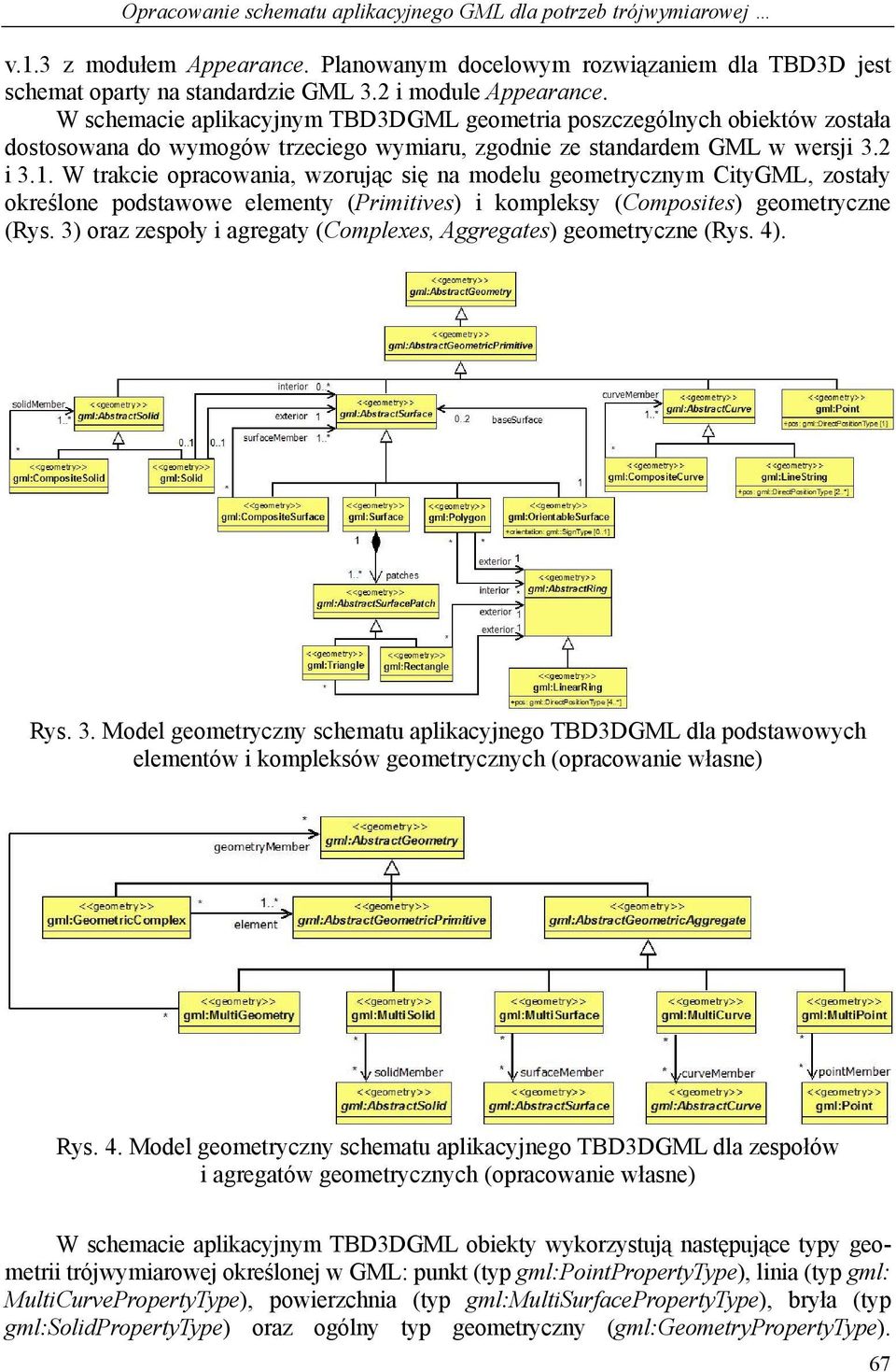 W trakcie opracowania, wzorując się na modelu geometrycznym CityGML, zostały określone podstawowe elementy (Primitives) i kompleksy (Composites) geometryczne (Rys.