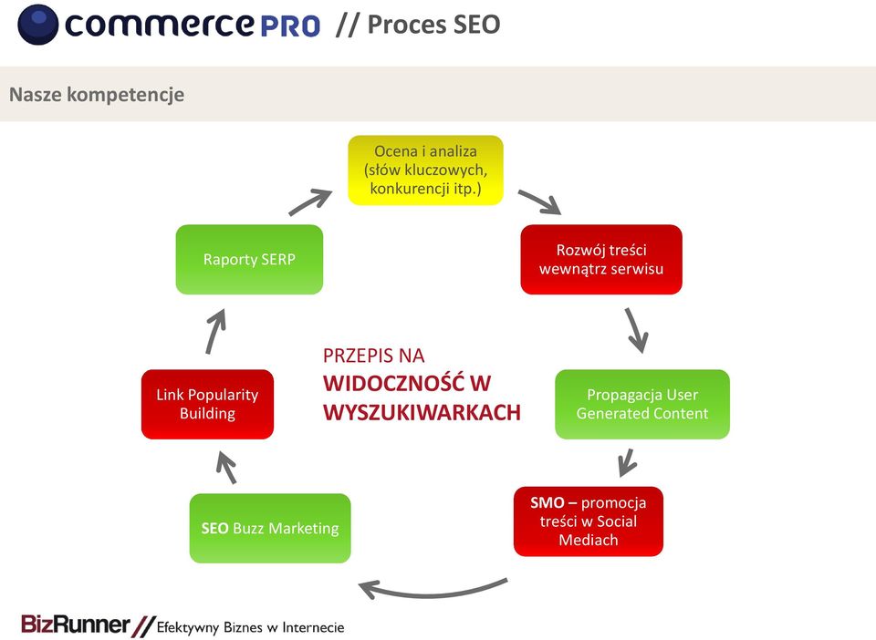 ) Raporty SERP Rozwój treści wewnątrz serwisu Link Popularity Building