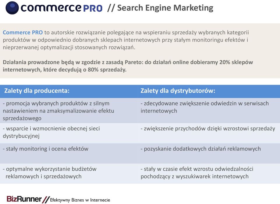 Działania prowadzone będą w zgodzie z zasadą Pareto: do działań online dobieramy 20% sklepów internetowych, które decydują o 80% sprzedaży.