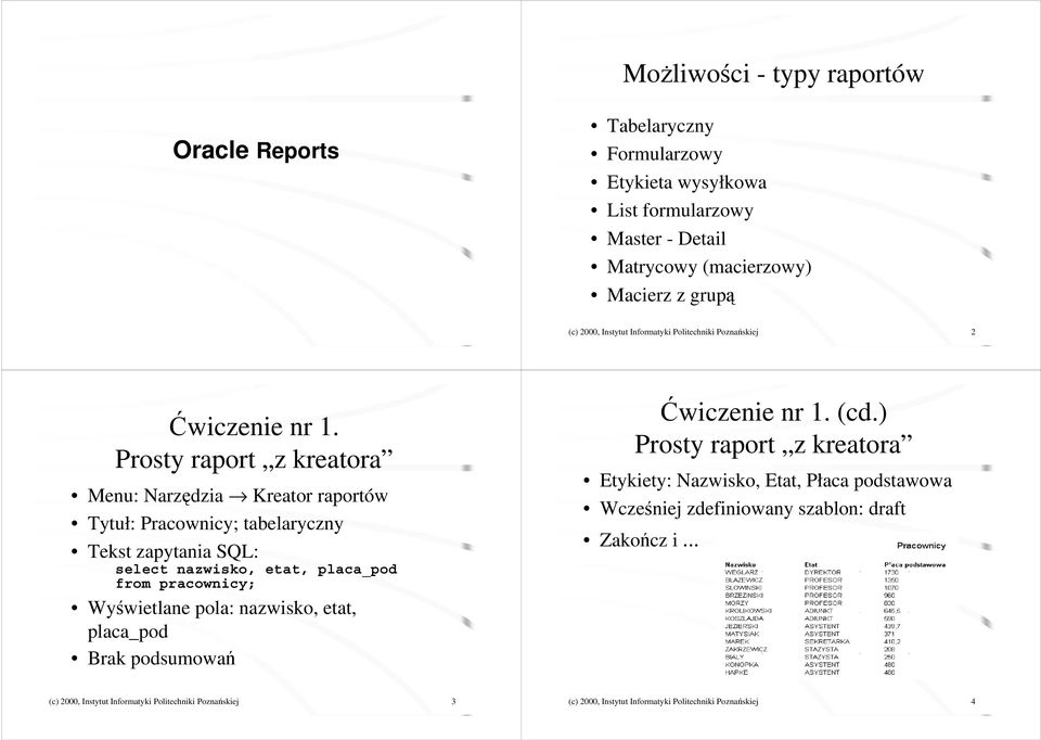 Prosty raport z kreatora Menu: Narzędzia Kreator raportów Tytuł: Pracownicy; tabelaryczny Tekst zapytania SQL: select nazwisko, etat, placa_pod from pracownicy; Wyświetlane