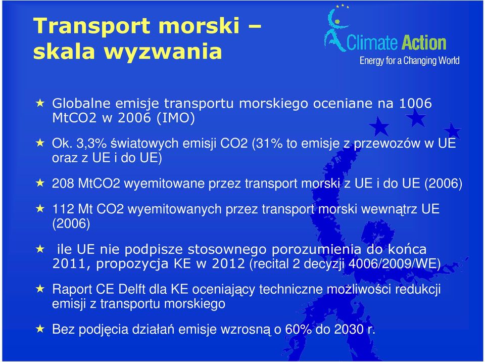 112 Mt CO2 wyemitowanych przez transport morski wewnątrz UE (2006) ile UE nie podpisze stosownego porozumienia do końca 2011, propozycja KE w