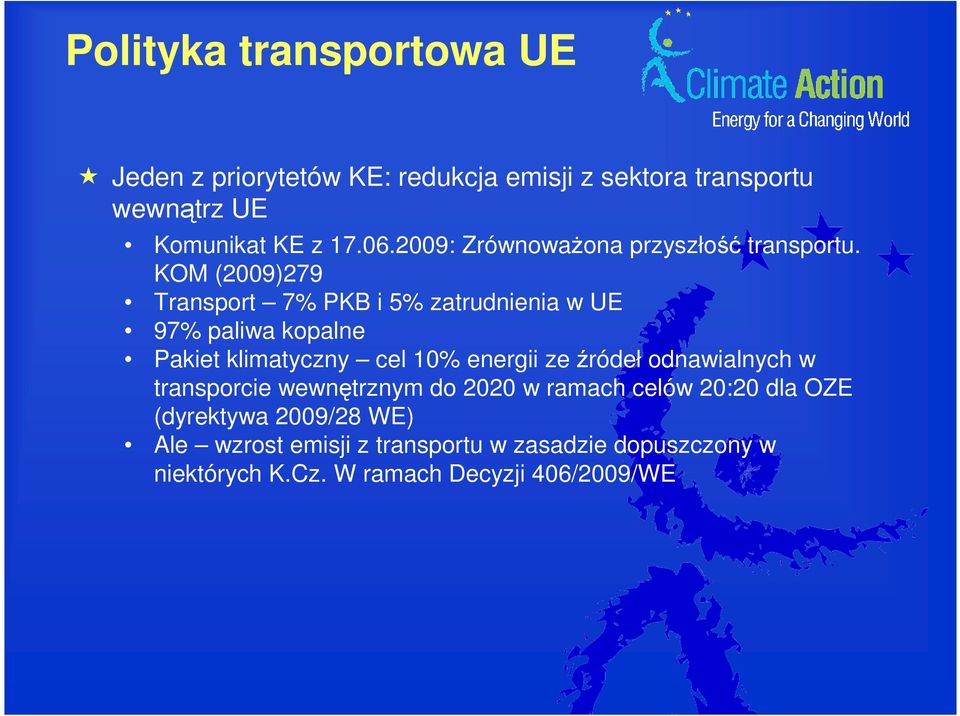 KOM (2009)279 Transport 7% PKB i 5% zatrudnienia w UE 97% paliwa kopalne Pakiet klimatyczny cel 10% energii ze źródeł