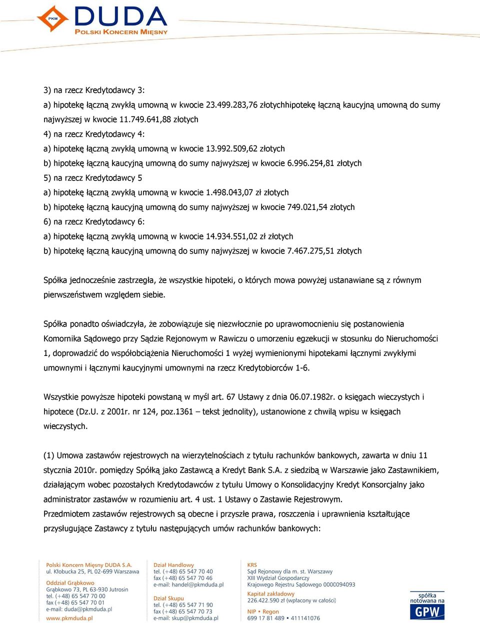 254,81 złotych 5) na rzecz Kredytodawcy 5 a) hipotekę łączną zwykłą umowną w kwocie 1.498.043,07 zł złotych b) hipotekę łączną kaucyjną umowną do sumy najwyŝszej w kwocie 749.