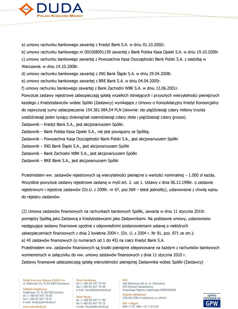 04.2008r. e) umowy rachunku bankowego zawartej z BRE Bank S.A. w dniu 04.04.2005r. f) umowy rachunku bankowego zawartej z Bank Zachodni WBK S.A. w dniu 13.06.2001r.