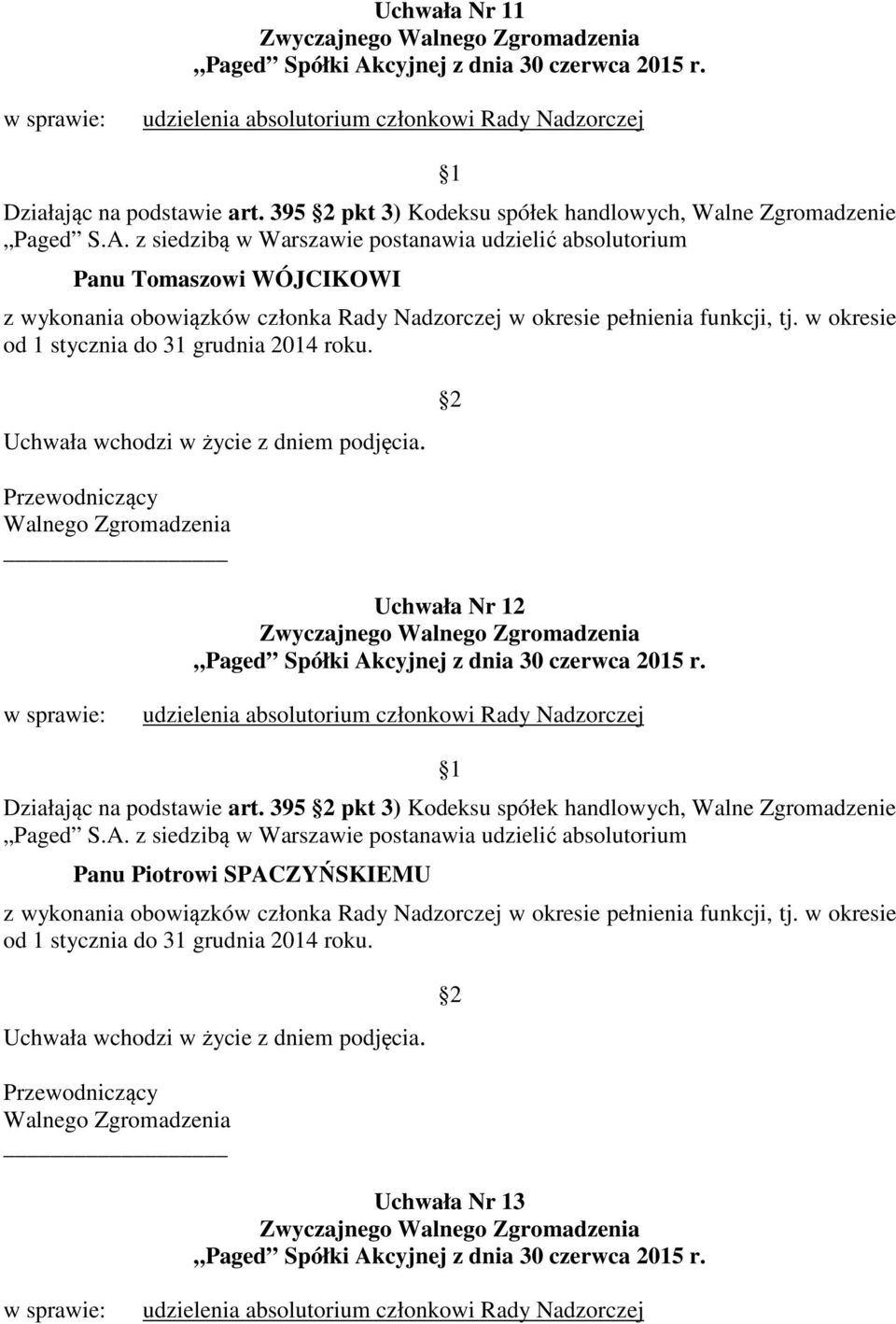 w okresie od 1 stycznia do 31 grudnia 2014 roku. Uchwała Nr 12 udzielenia absolutorium członkowi Rady Nadzorczej Działając na podstawie art.