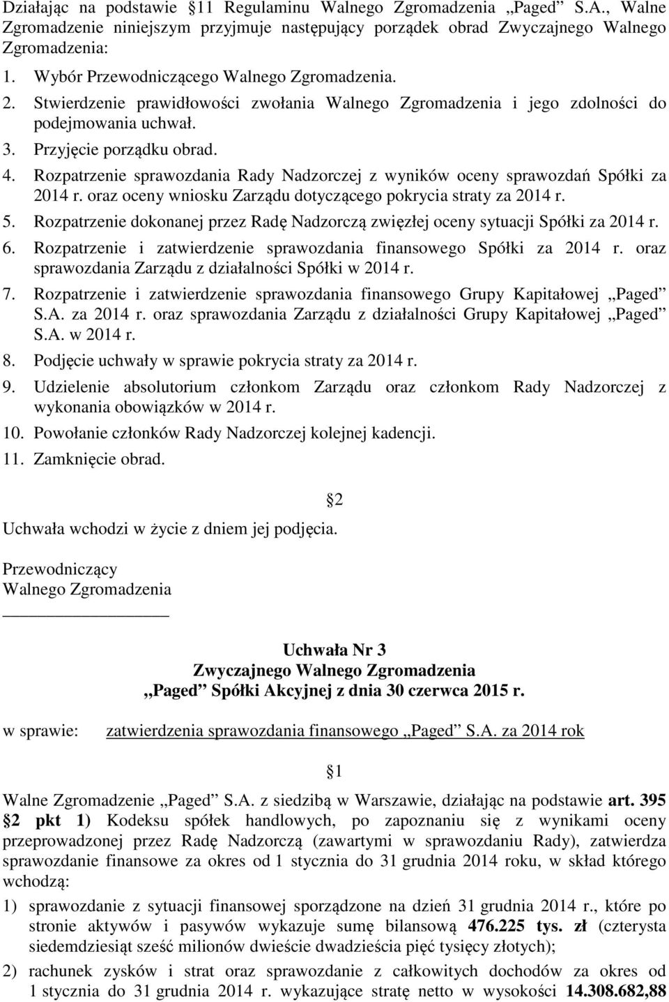 oraz oceny wniosku Zarządu dotyczącego pokrycia straty za 2014 r. 5. Rozpatrzenie dokonanej przez Radę Nadzorczą zwięzłej oceny sytuacji Spółki za 2014 r. 6.