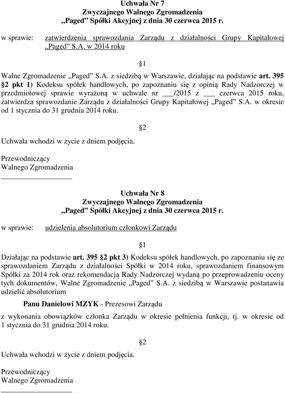 działalności Grupy Kapitałowej Paged S.A. w okresie od 1 stycznia do 31 grudnia 2014 roku. Uchwała Nr 8 udzielenia absolutorium członkowi Zarządu Działając na podstawie art.