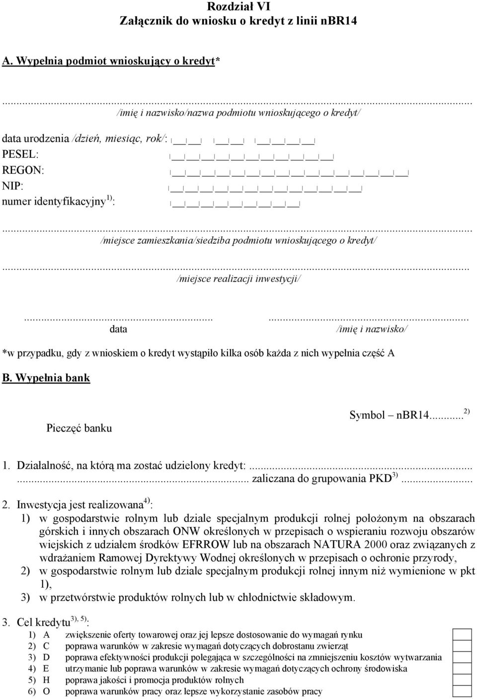 .. /miejsce zamieszkania/siedziba podmiotu wnioskującego o kredyt/... /miejsce realizacji inwestycji/... data.