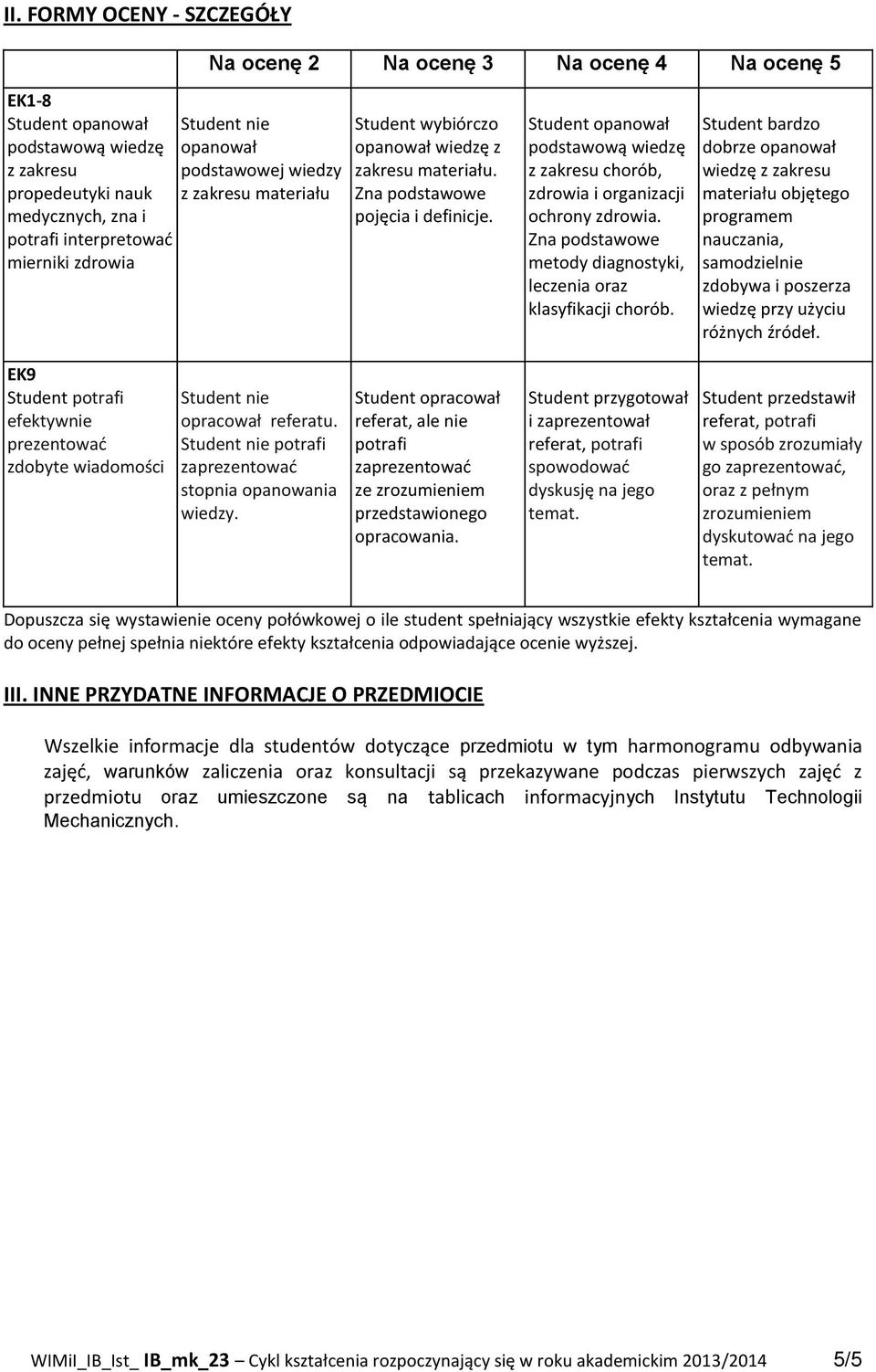 Student opanował podstawową wiedzę z zakresu chorób, zdrowia i organizacji ochrony zdrowia. Zna podstawowe metody diagnostyki, leczenia oraz klasyfikacji chorób.