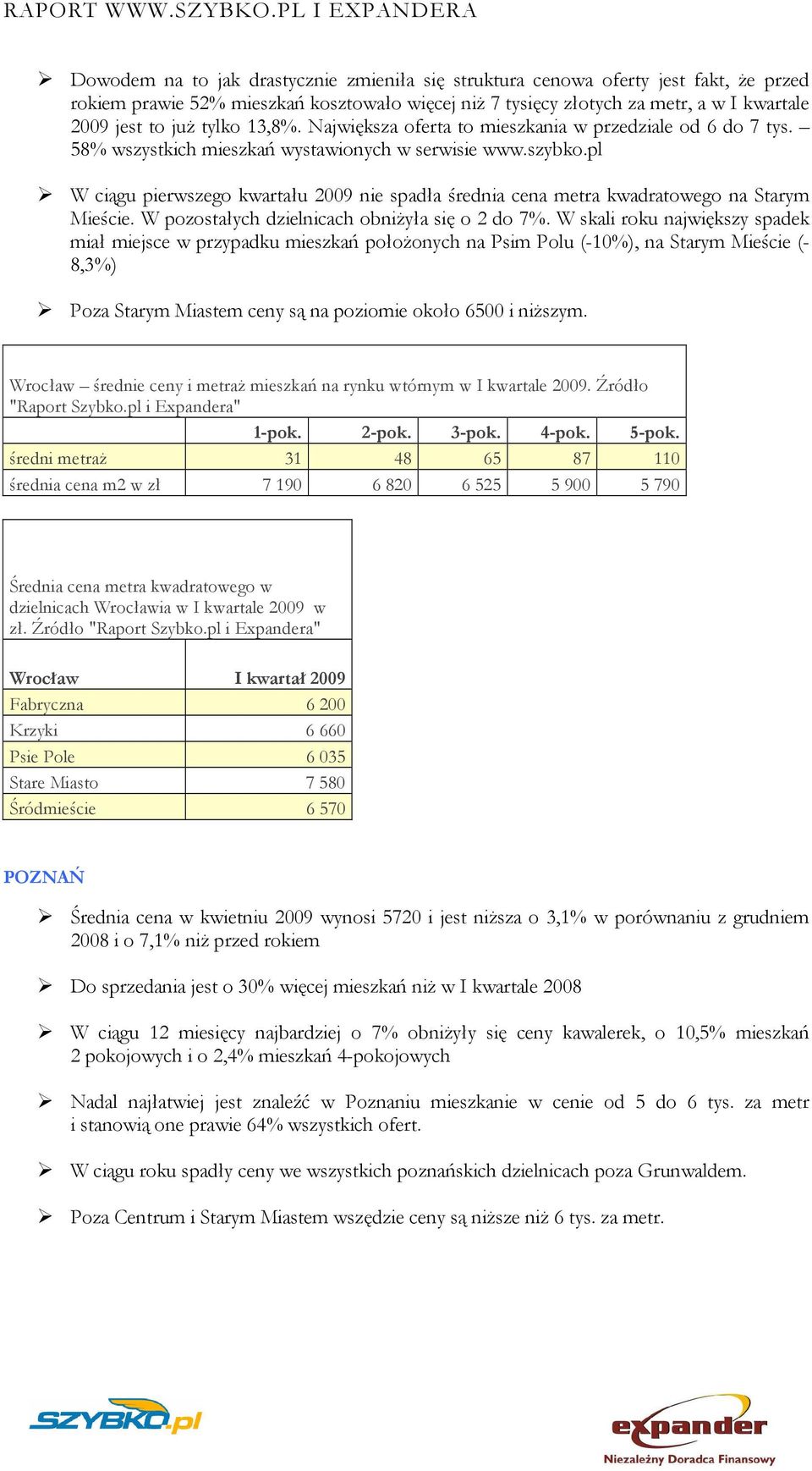 pl W ciągu pierwszego kwartału 2009 nie spadła średnia cena metra kwadratowego na Starym Mieście. W pozostałych dzielnicach obniŝyła się o 2 do 7%.
