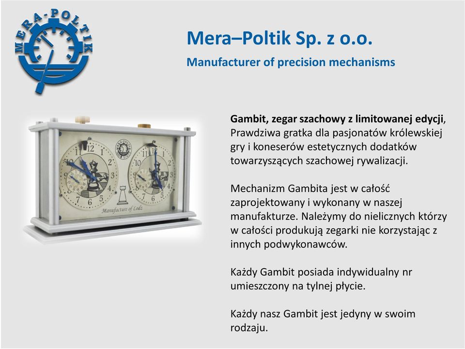 o. Manufacturer of precision mechanisms Gambit, zegar szachowy z limitowanej edycji, Prawdziwa gratka dla pasjonatów królewskiej