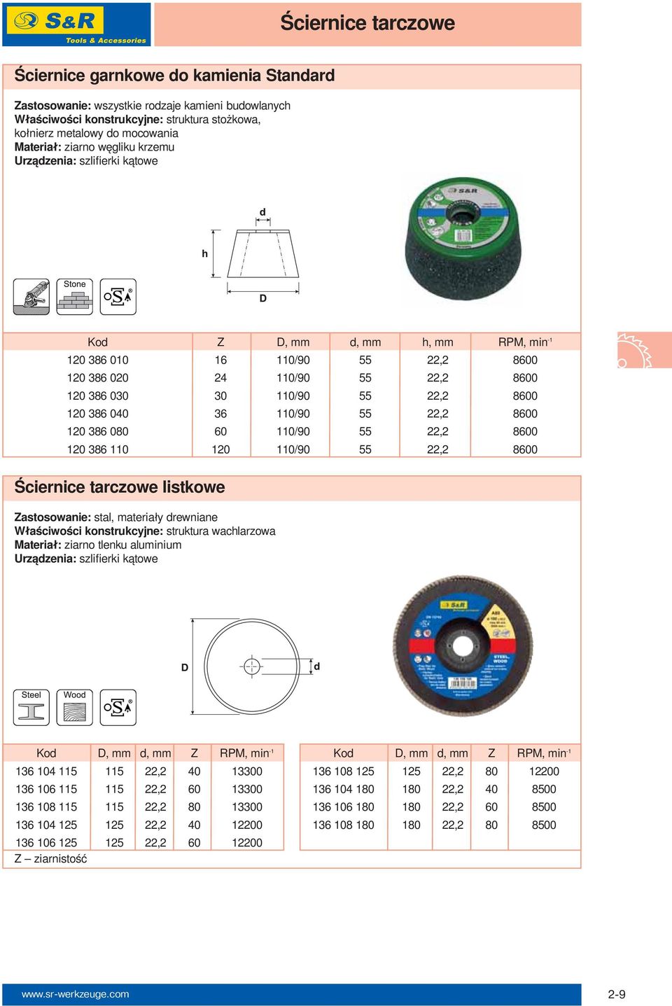 386 040 36 110/90 55 22,2 8600 120 386 080 60 110/90 55 22,2 8600 120 386 110 120 110/90 55 22,2 8600 Ściernice tarczowe listkowe Zastosowanie: stal, materiały drewniane Właściwości konstrukcyjne: