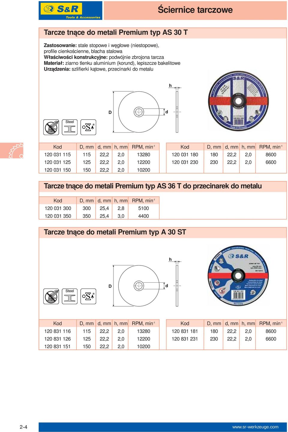 150 22,2 2,0 10200 120 031 180 180 22,2 2,0 8600 120 031 230 230 22,2 2,0 6600 Tarcze tnące do metali Premium typ AS 36 T do przecinarek do metalu 120 031 300 300 25,4 2,8 5100 120 031 350 350 25,4