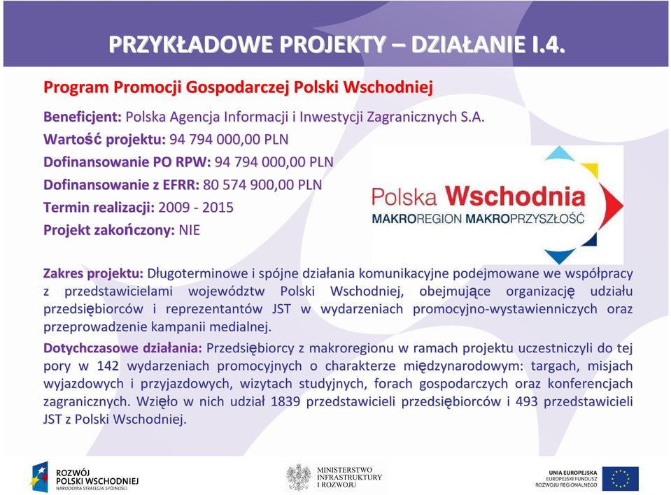 ANIE ANIE I.4. Program Promocji Gospodarczej Polski Wschodniej Beneficjent: Polska Agencja Informacji i Inwestycji Zagranicznych S.A. Wartość projektu: 94 794 000,00 PLN Dofinansowanie PO RPW: 94 794