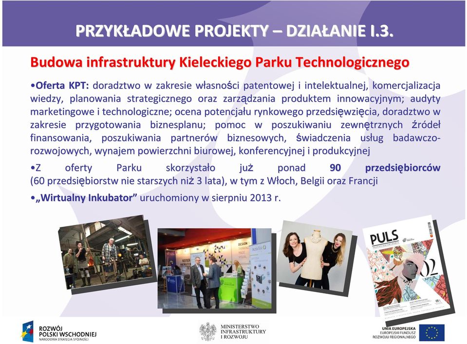 zarządzania produktem innowacyjnym; audyty marketingowe i technologiczne; ocena potencjału u rynkowego przedsięwzi wzięcia, doradztwo w zakresie przygotowania biznesplanu; pomoc w poszukiwaniu