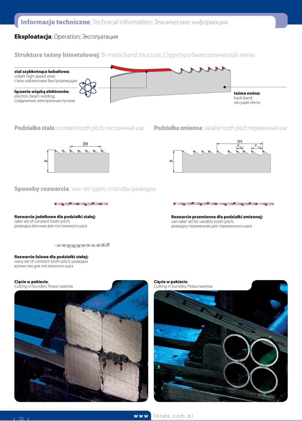 Podziałka stała; constant tooth pitch; постоянный шаг Podziałka zmienna; variable tooth pitch; переменный шаг posoby rozwarcia; saw set types; способы разводки Rozwarcie jodełkowe dla podziałki