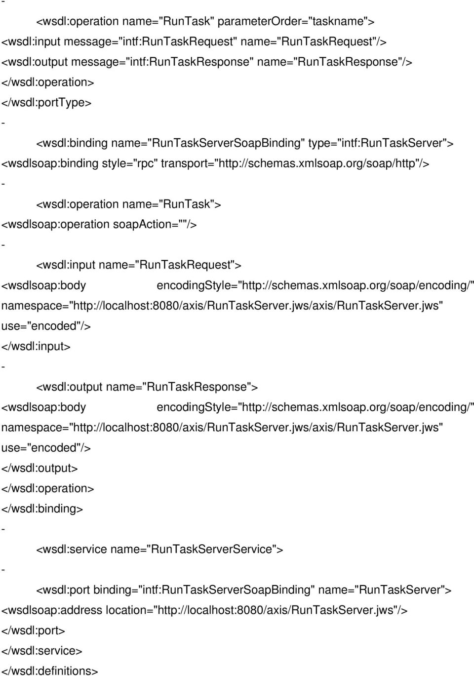 org/soap/http"/> <wsdl:operation name="runtask"> <wsdlsoap:operation soapaction=""/> <wsdl:input name="runtaskrequest"> <wsdlsoap:body encodingstyle="http://schemas.xmlsoap.