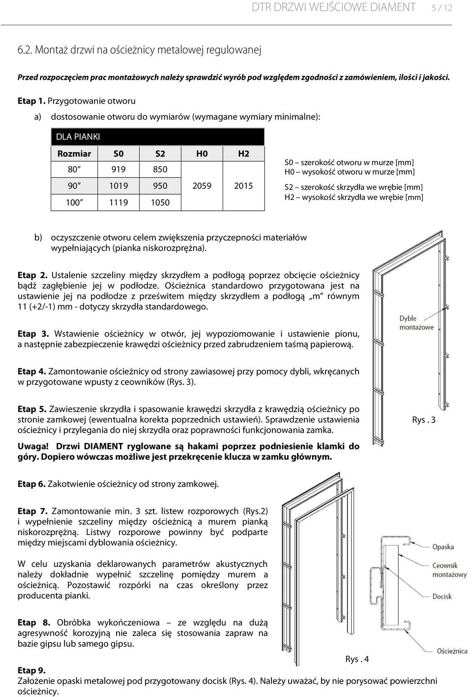 Przygotowanie otworu a) dostosowanie otworu do wymiarów (wymagane wymiary minimalne): DLA PIANKI Rozmiar S0 S2 H0 H2 80 919 850 90 1019 950 2059 2015 100 1119 1050 S0 szerokość otworu w murze [mm] H0