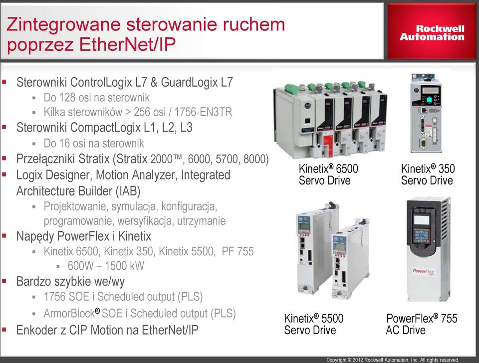 konfiguracja, programowanie, wersyfikacja, utrzymanie Napędy PowerFlex i Kinetix Kinetix 6500, Kinetix 350, Kinetix 5500, PF 755 600W 1500 kw Bardzo szybkie we/wy 1756 SOE i Scheduled