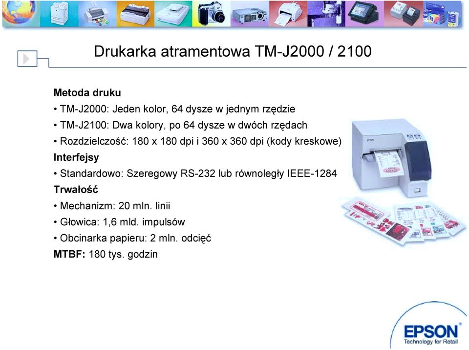 360 dpi (kody kreskowe) Interfejsy Standardowo: Szeregowy RS-232 lub równoległy IEEE-1284