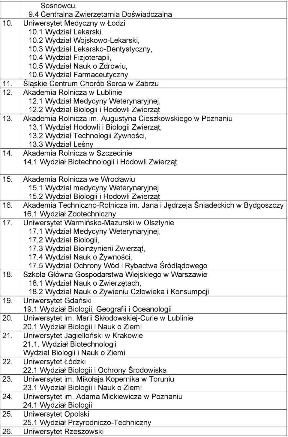 2 Wydział Biologii i Hodowli Zwierząt 13. Akademia Rolnicza im. Augustyna Cieszkowskiego w Poznaniu 13.1 Wydział Hodowli i Biologii Zwierząt, 13.2 Wydział Technologii Żywności, 13.3 Wydział Leśny 14.