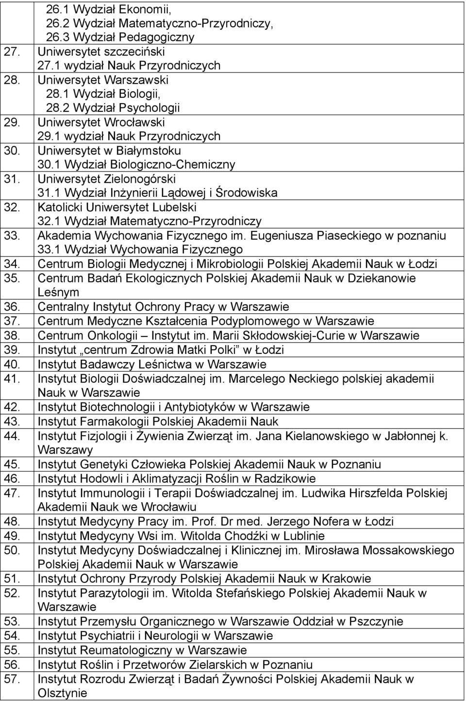 Uniwersytet Zielonogórski 31.1 Wydział Inżynierii Lądowej i Środowiska 32. Katolicki Uniwersytet Lubelski 32.1 Wydział Matematyczno-Przyrodniczy 33. Akademia Wychowania Fizycznego im.