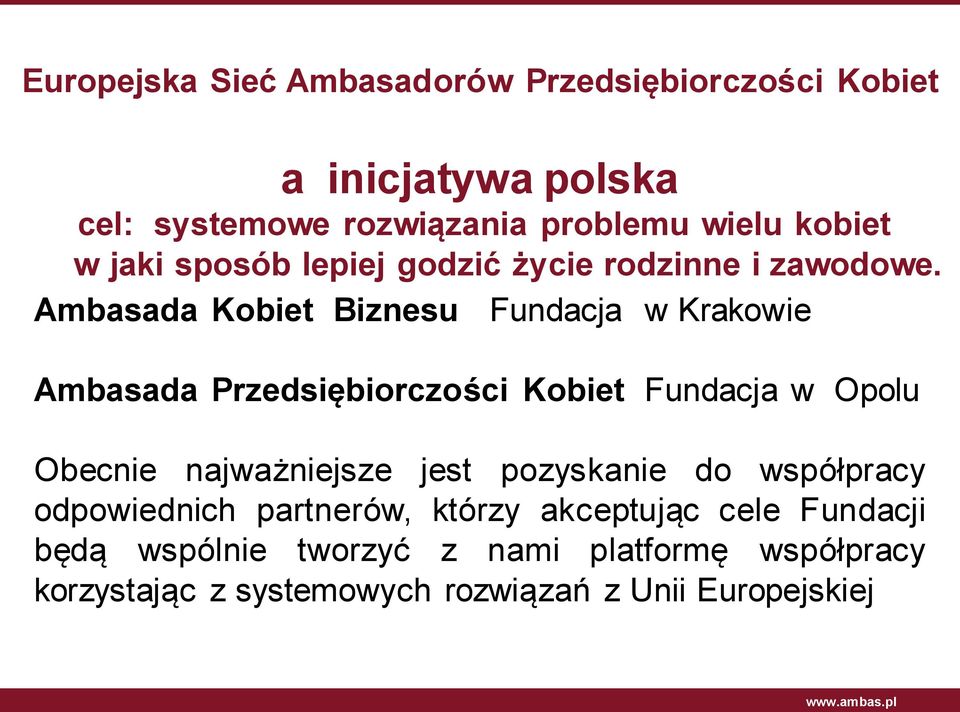 Ambasada Kobiet Biznesu Fundacja w Krakowie Ambasada Przedsiębiorczości Kobiet Fundacja w Opolu Obecnie najważniejsze