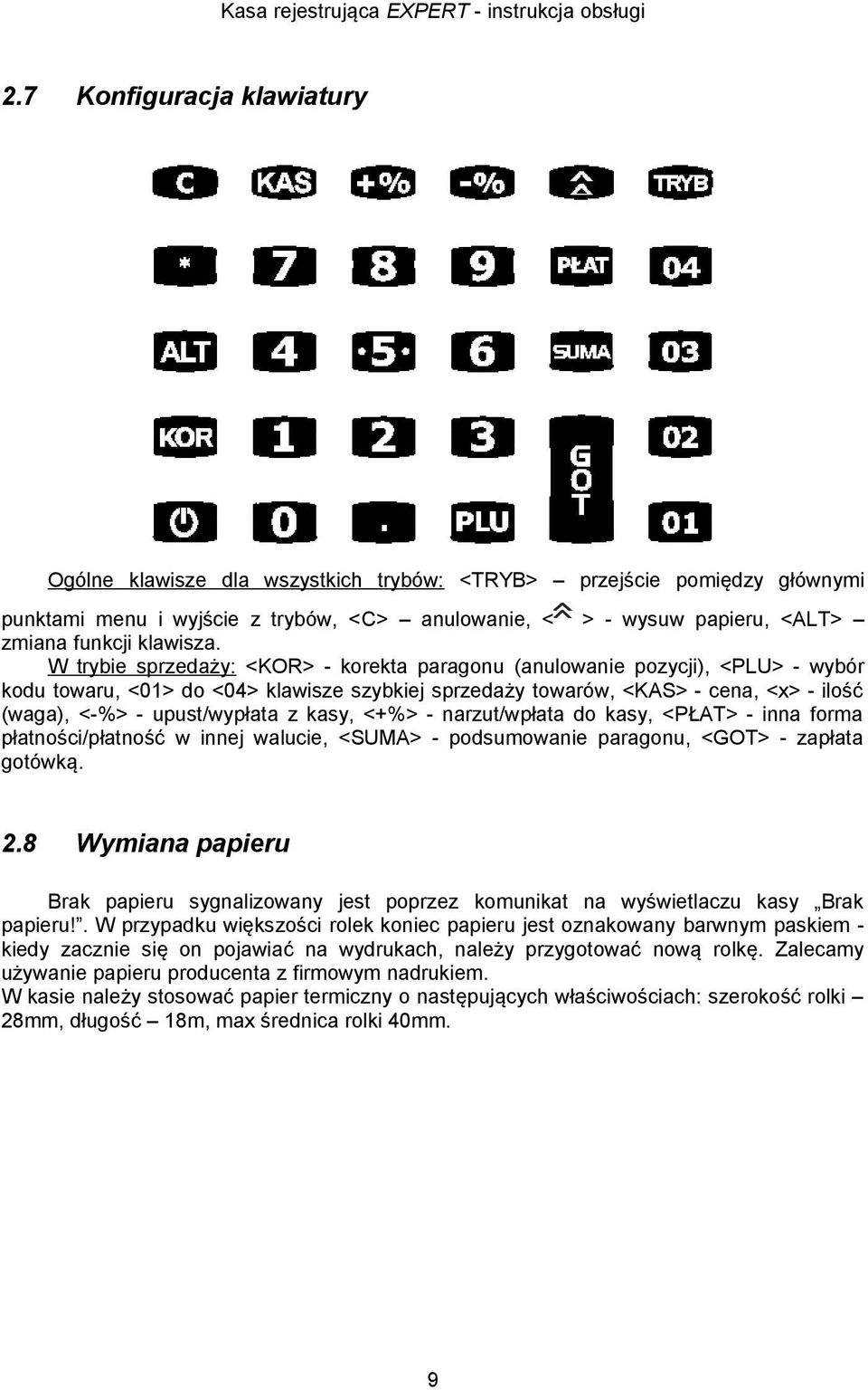 W trybie sprzedaży: <KR> - korekta paragonu (anulowanie pozycji), <PLU> - wybór kodu towaru, <01> do <04> klawisze szybkiej sprzedaży towarów, <KAS> - cena, <x> - ilość (waga), <-%> - upust/wypłata z