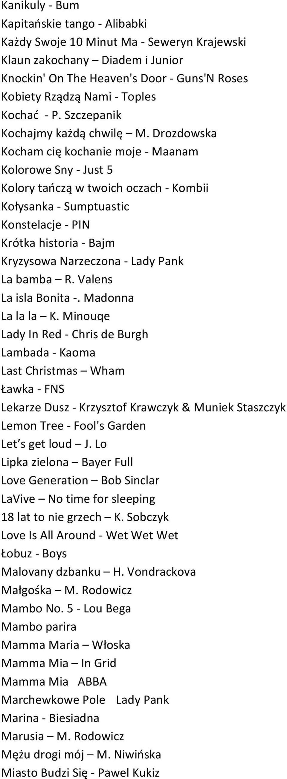 Drozdowska Kocham cię kochanie moje - Maanam Kolorowe Sny - Just 5 Kolory tańczą w twoich oczach - Kombii Kołysanka - Sumptuastic Konstelacje - PIN Krótka historia - Bajm Kryzysowa Narzeczona - Lady