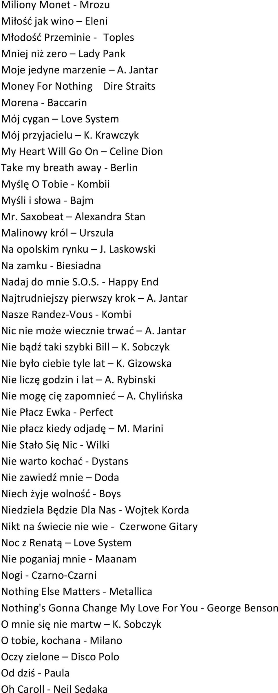 Krawczyk My Heart Will Go On Celine Dion Take my breath away - Berlin Myślę O Tobie - Kombii Myśli i słowa - Bajm Mr. Saxobeat Alexandra Stan Malinowy król Urszula Na opolskim rynku J.