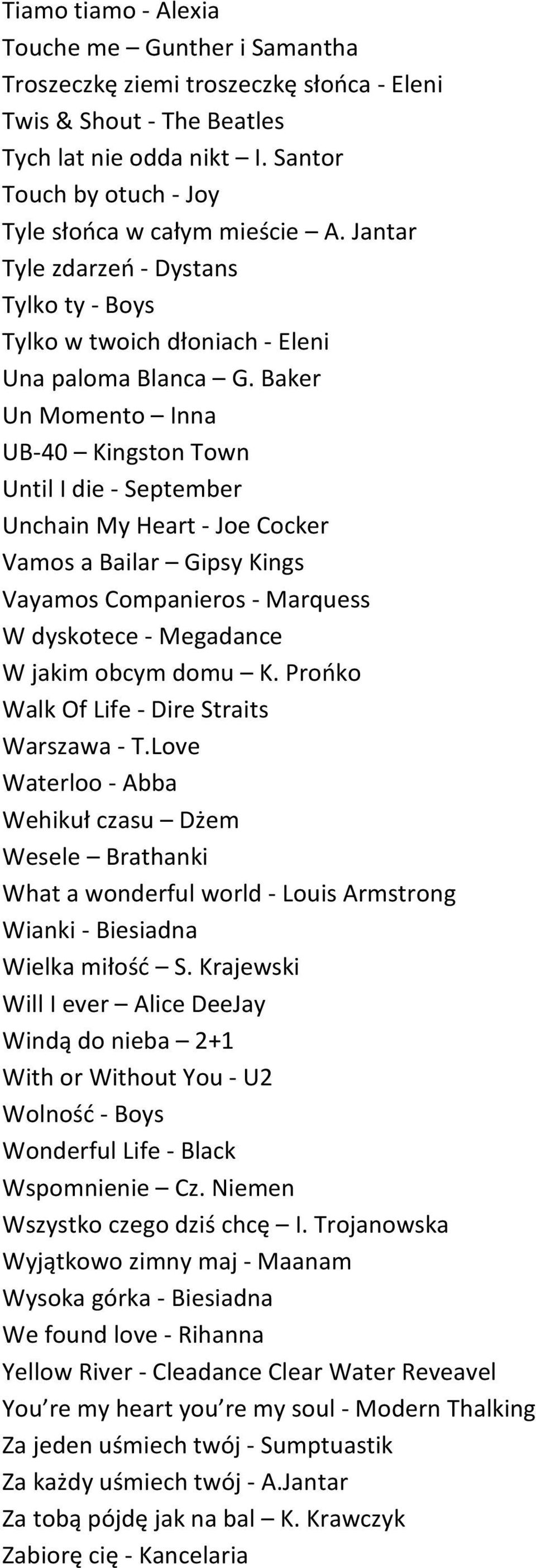 Baker Un Momento Inna UB-40 Kingston Town Until I die - September Unchain My Heart - Joe Cocker Vamos a Bailar Gipsy Kings Vayamos Companieros - Marquess W dyskotece - Megadance W jakim obcym domu K.