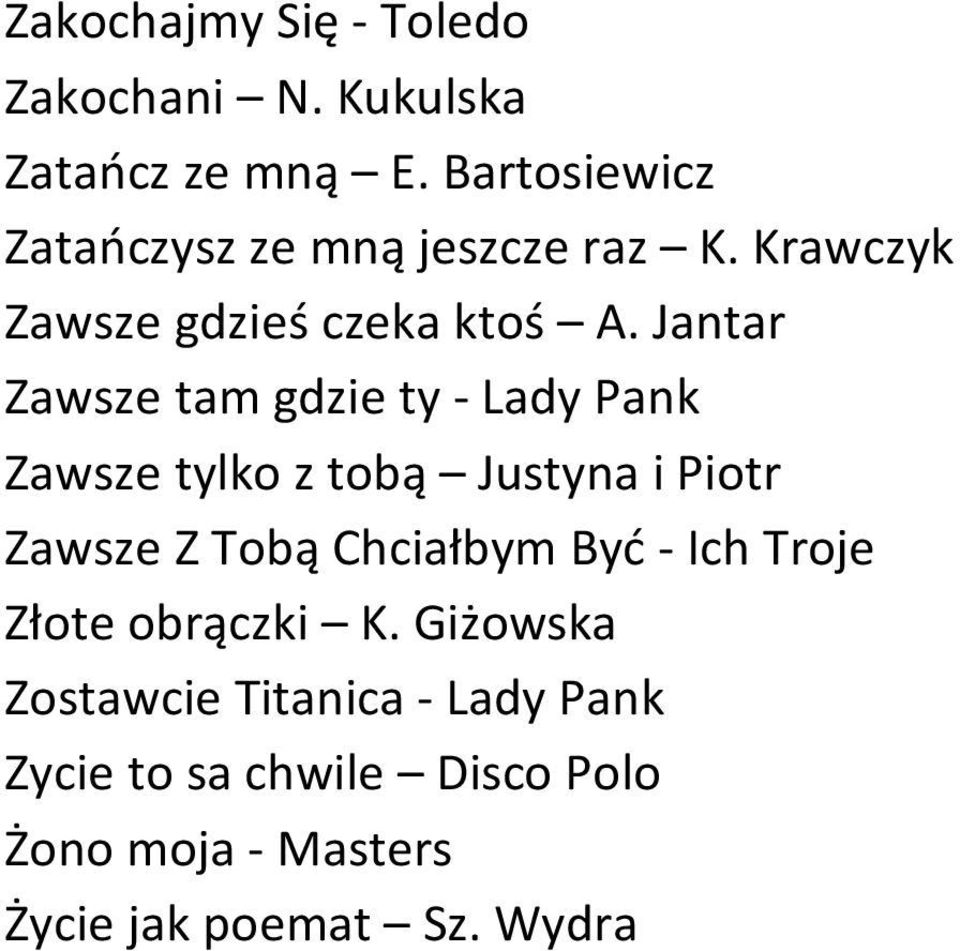 Jantar Zawsze tam gdzie ty - Lady Pank Zawsze tylko z tobą Justyna i Piotr Zawsze Z Tobą Chciałbym