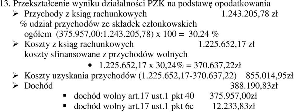 205,78) x 100 = 30,24 % Koszty z ksiąg rachunkowych 1.225.652,17 zł koszty sfinansowane z przychodów wolnych 1.225.652,17 x 30,24% = 370.
