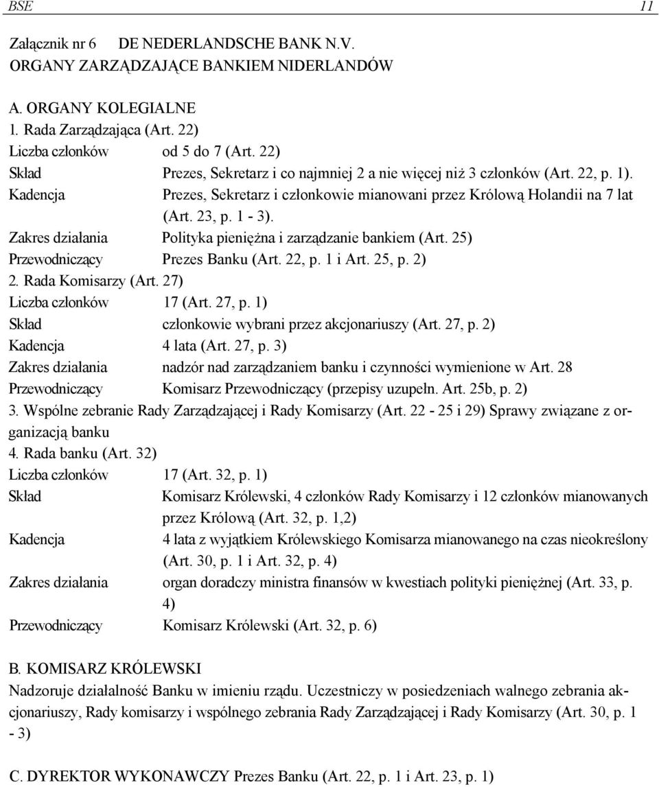 Zakres działania Polityka pieniężna i zarządzanie bankiem (Art. 25) Przewodniczący Prezes Banku (Art. 22, p. 1 i Art. 25, p. 2) 2. Rada Komisarzy (Art. 27) Liczba członków 17 (Art. 27, p.