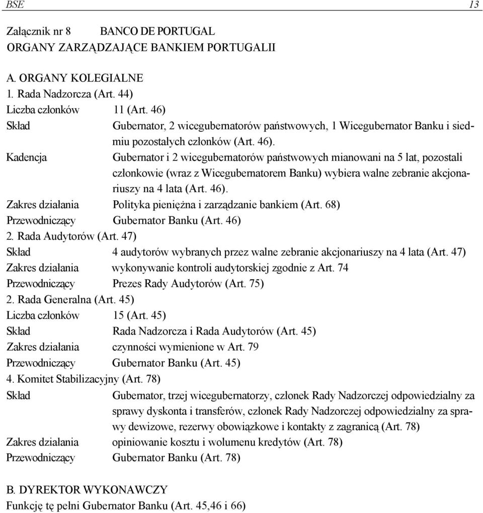 Gubernator i 2 wicegubernatorów państwowych mianowani na 5 lat, pozostali członkowie (wraz z Wicegubernatorem Banku) wybiera walne zebranie akcjonariuszy na 4 lata (Art. 46).