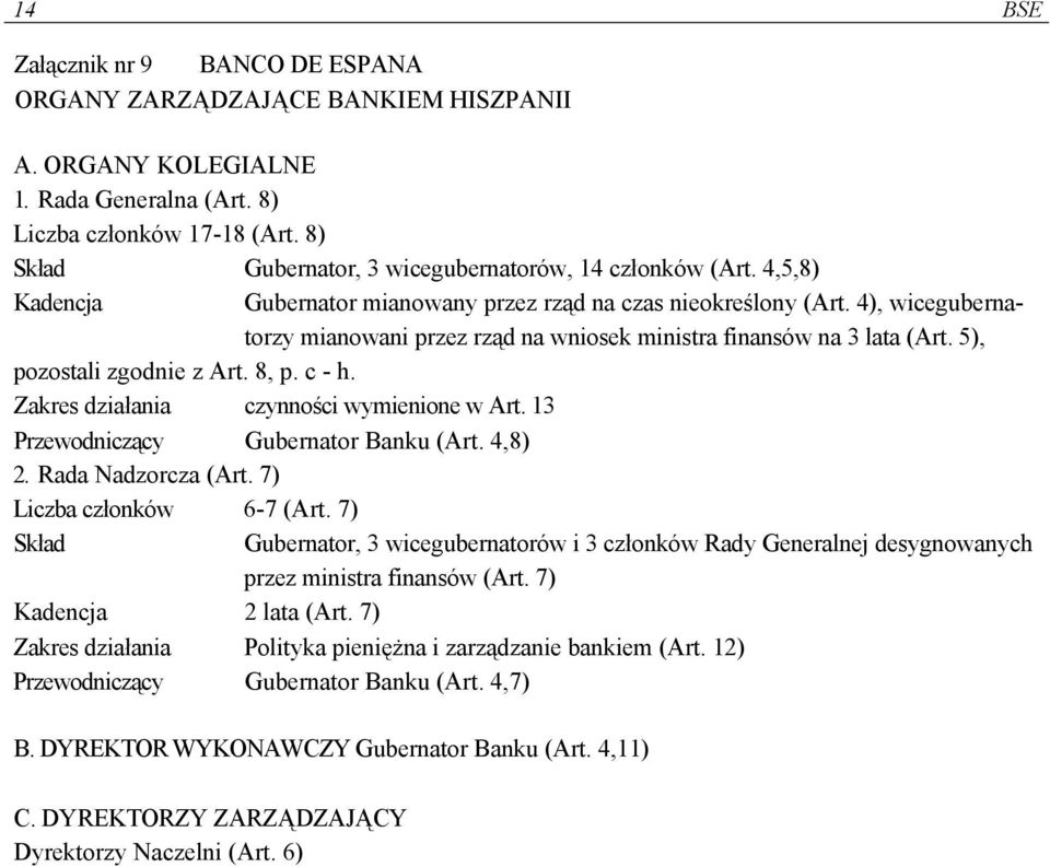 4), wicegubernatorzy mianowani przez rząd na wniosek ministra finansów na 3 lata (Art. 5), pozostali zgodnie z Art. 8, p. c - h. Zakres działania czynności wymienione w Art.