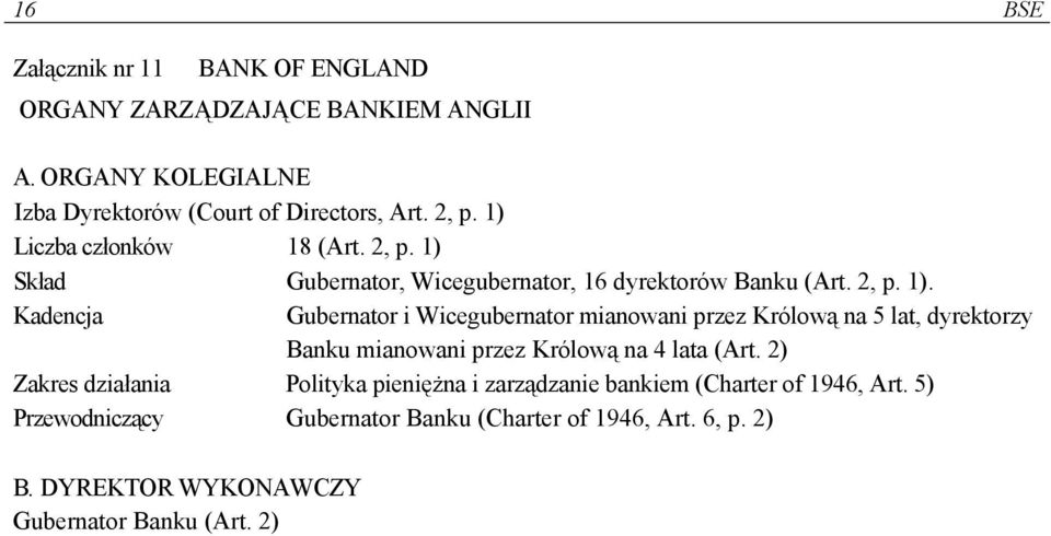 2) Zakres działania Polityka pieniężna i zarządzanie bankiem (Charter of 1946, Art. 5) Przewodniczący Gubernator Banku (Charter of 1946, Art.