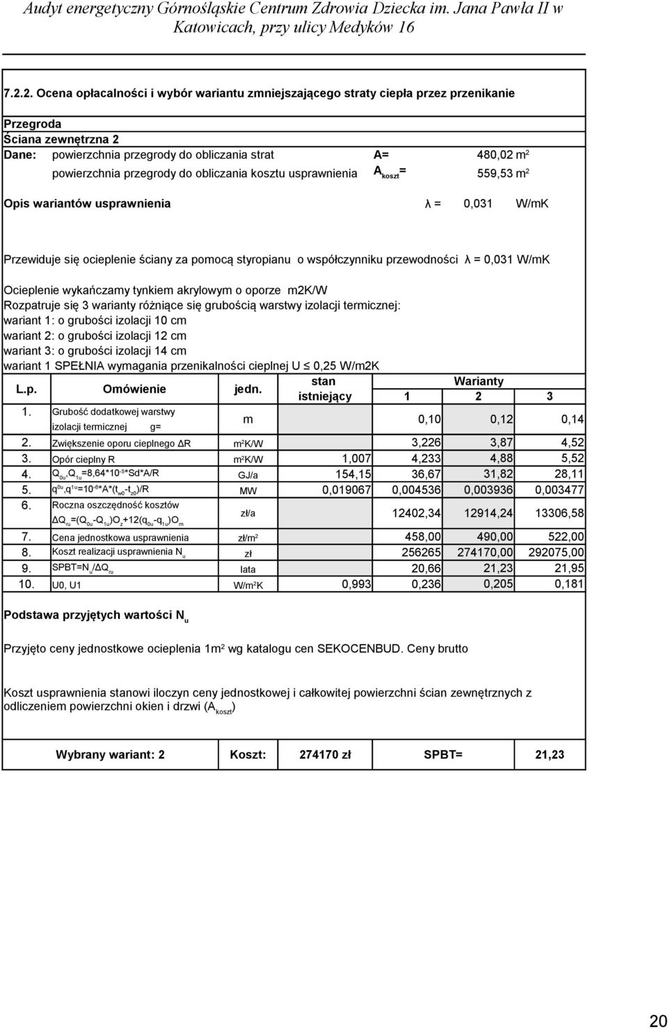 przegrody do obliczania kosztu usprawnienia A koszt = 559,53 m 2 Opis wariantów usprawnienia λ = 0,031 W/mK Przewiduje się ocieplenie ściany za pomocą styropianu o współczynniku przewodności λ =