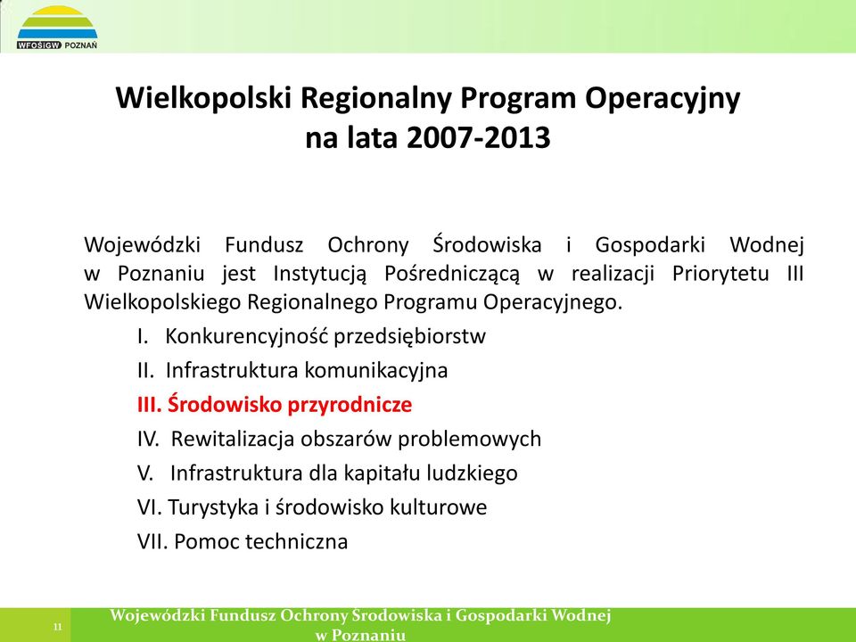 Infrastruktura komunikacyjna III. Środowisko przyrodnicze IV. Rewitalizacja obszarów problemowych V.