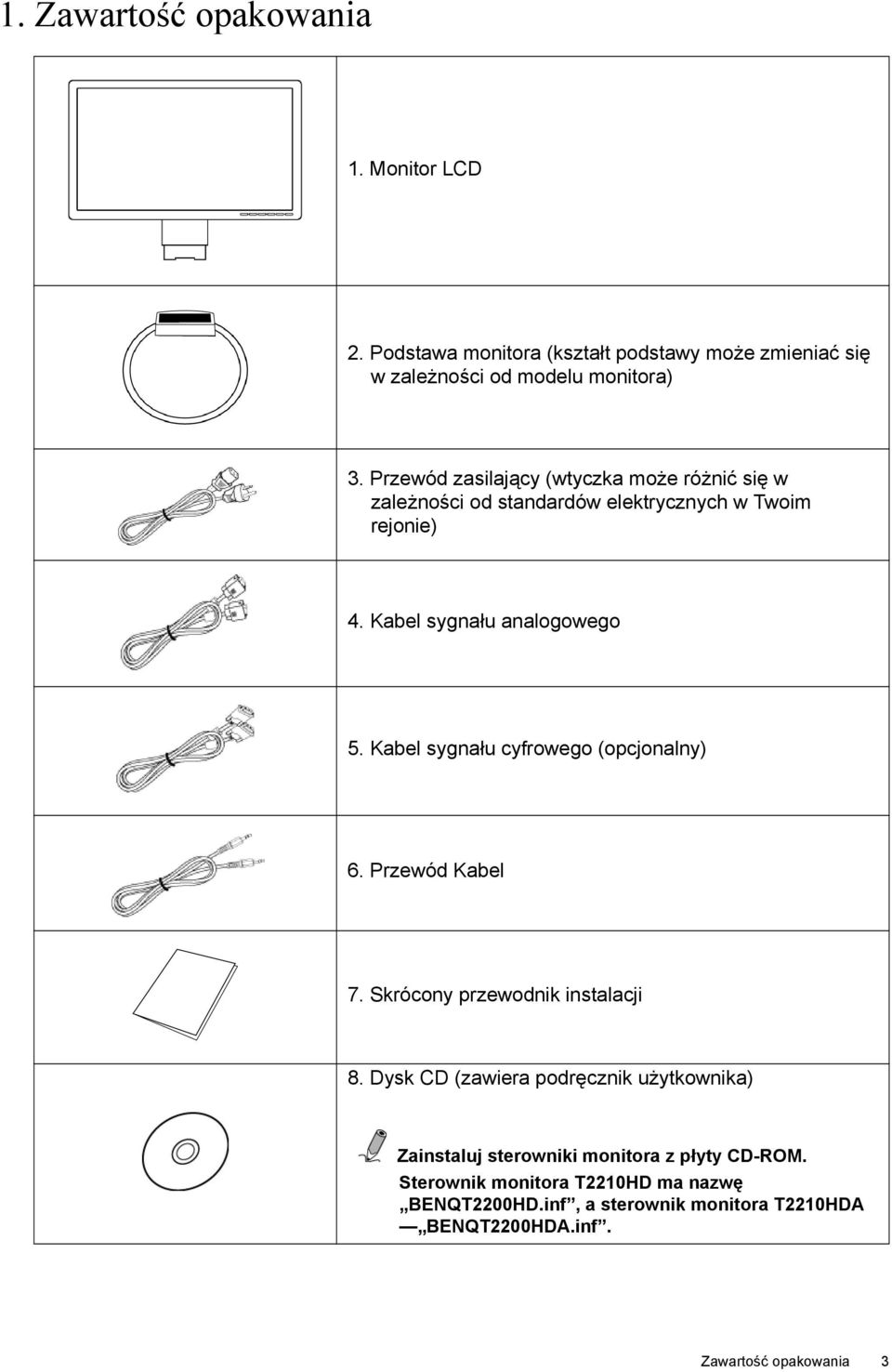 Kabel sygnału cyfrowego (opcjonalny) 6. Przewód Kabel 7. Skrócony przewodnik instalacji 8.