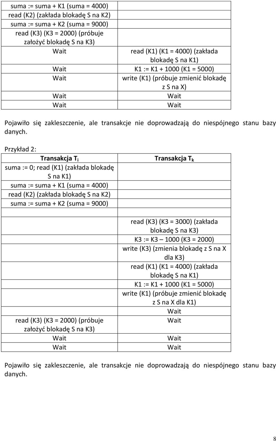 Przykład 2: Transakcja T i suma := 0; read (K1) (zakłada blokadę S na K1) suma := suma + K1 (suma = 4000) read (K2) (zakłada blokadę S na K2) suma := suma + K2 (suma = 9000) read (K3) (K3 = 2000)