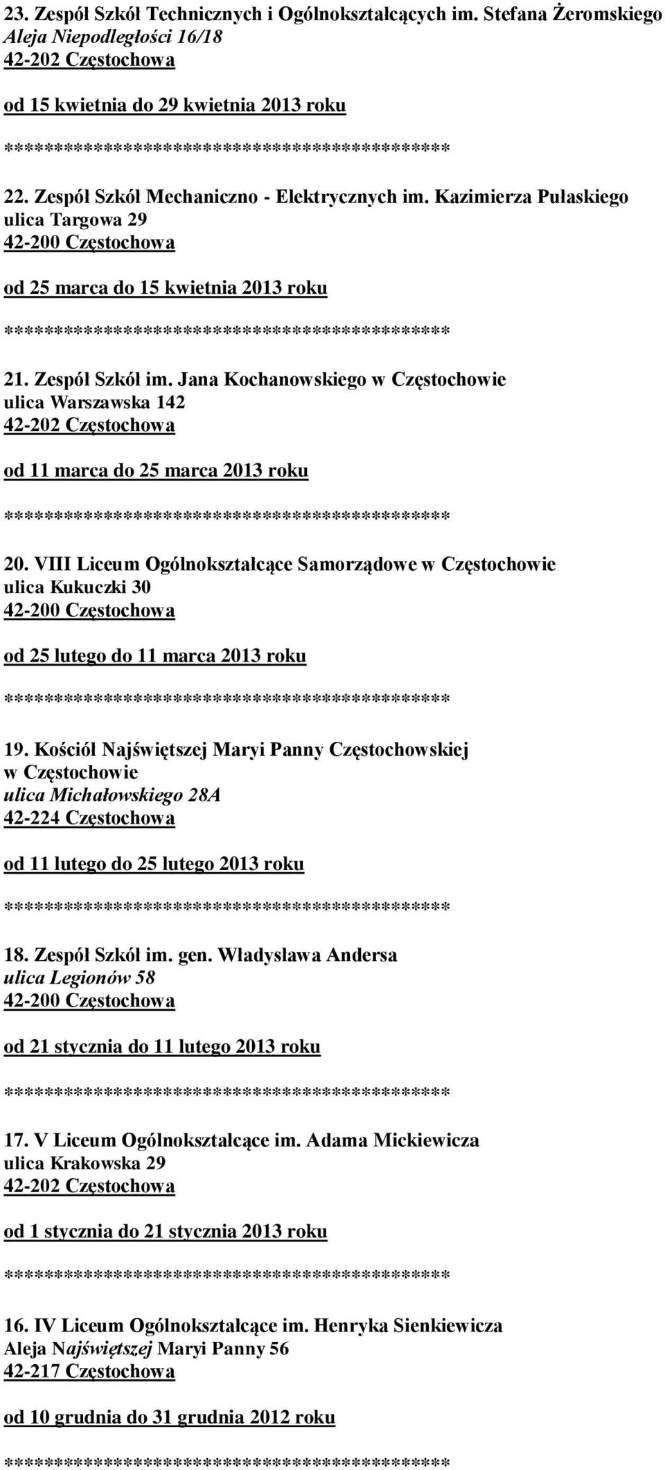 VIII Liceum Ogólnokształcące Samorządowe w Częstochowie ulica Kukuczki 30 od 25 lutego do 11 marca 2013 roku 19.