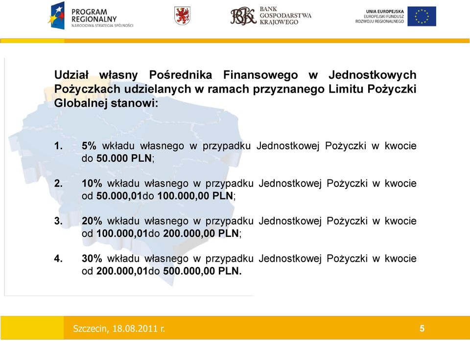 10% wkładu własnego w przypadku Jednostkowej Pożyczki w kwocie od 50.000,01do 100.000,00 PLN; 3.