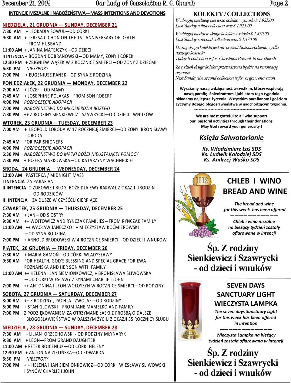 Church Page 2 INTENCJE MSZALNE I NABOŻEŃSTWA MASS INTENTIONS AND DEVOTIONS NIEDZIELA, 21 GRUDNIA SUNDAY, DECEMBER 21 7:30 AM + LEOKADIA SOWUL OD CÓRKI 9:30 AM + TERESA CICHOŃ ON THE 1ST ANNIVERSARY