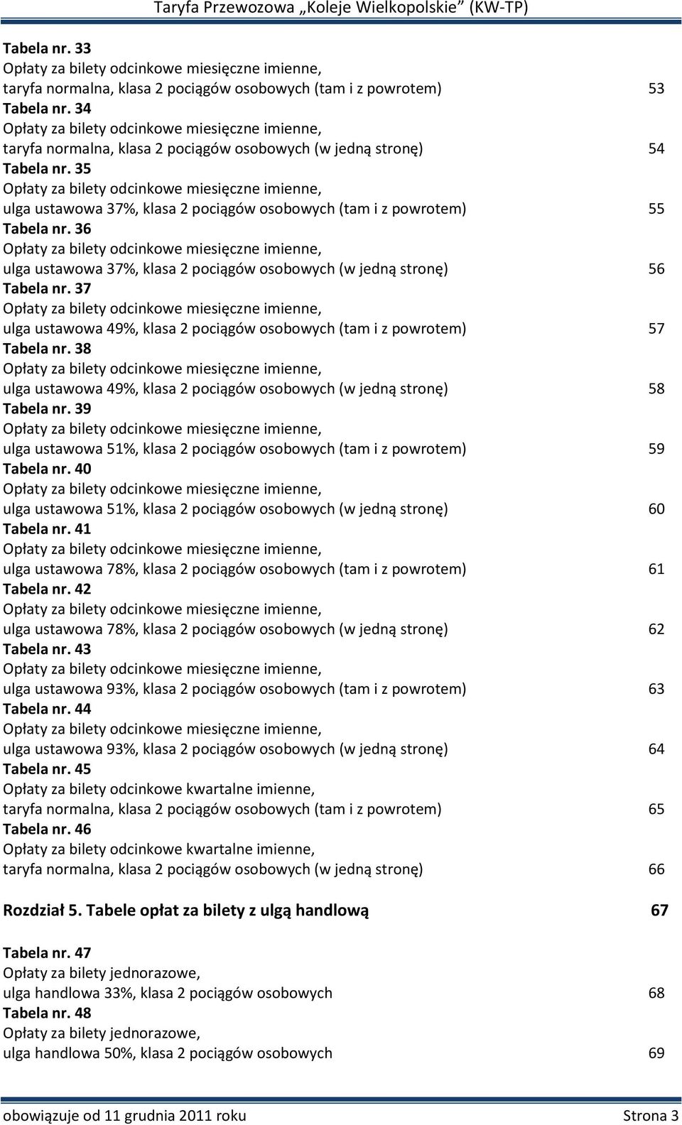 35 Opłaty za bilety odcinkowe miesięczne imienne, ulga ustawowa 37%, klasa 2 pociągów osobowych (tam i z powrotem) 55 Tabela nr.