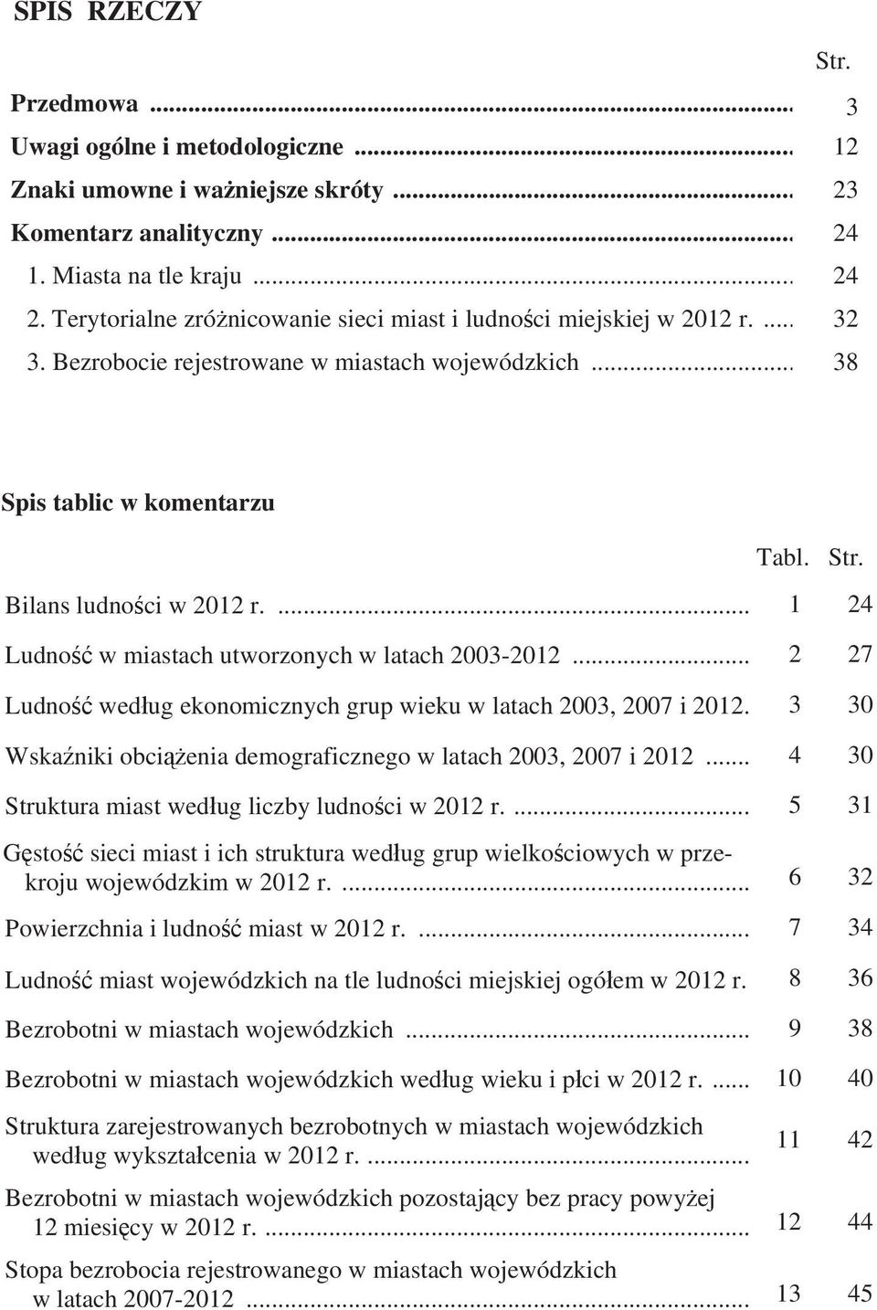 ... 1 24 Ludno w miastach utworzonych w latach 2003-2012... 2 27 Ludno wed ug ekonomicznych grup wieku w latach 2003, 2007 i 2012. 3 30 Wska niki obci enia demograficznego w latach 2003, 2007 i 2012.