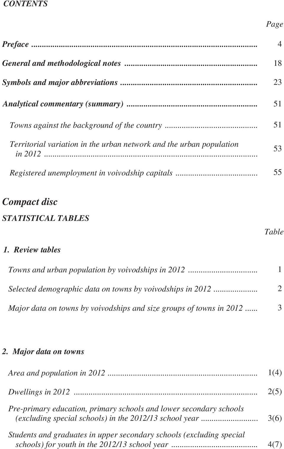 Review tables Towns and urban population by voivodships in 2012... 1 Selected demographic data on towns by voivodships in 2012... 2 Major data on towns by voivodships and size groups of towns in 2012.